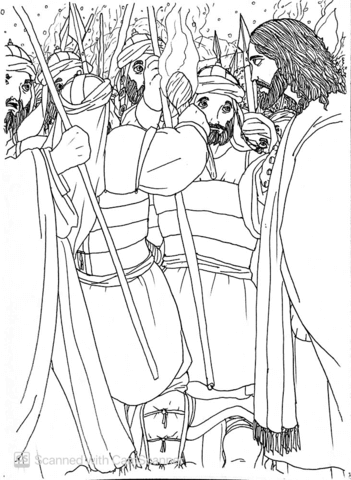 The Band Of Soldiers And Judas Find Jesus   I Am Here Coloring Page